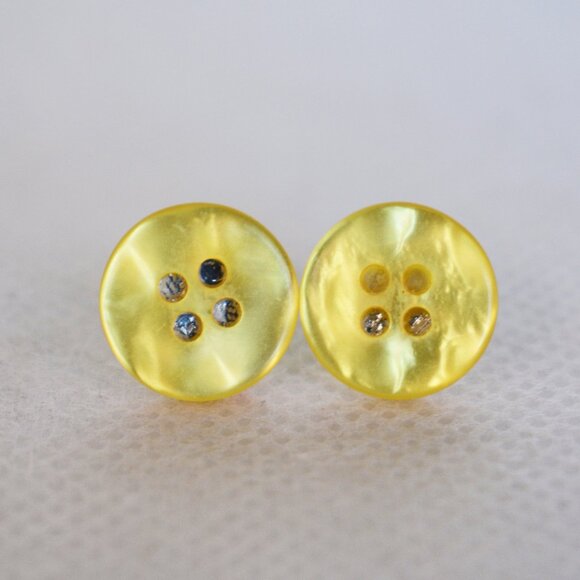Handmade Shiny Yellow Button Stud Earrings - Picture 1 of 7